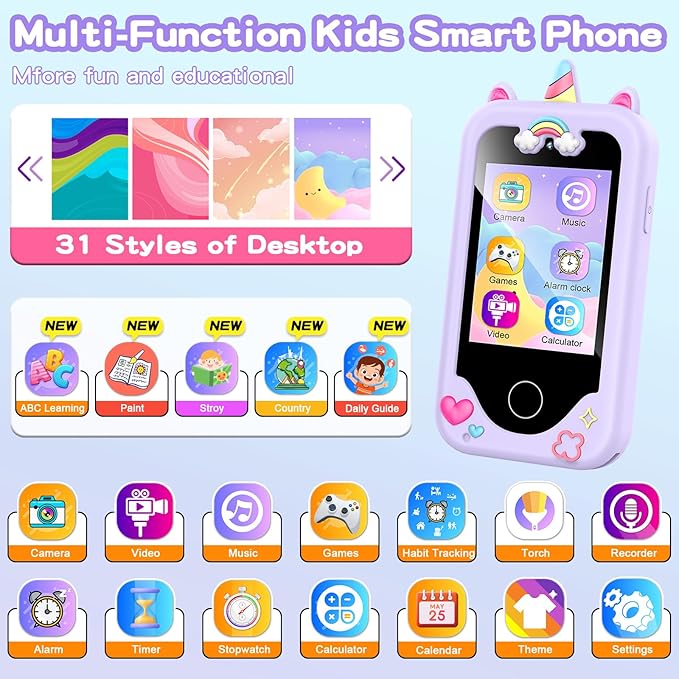 Kids Phone for Girls, Toddler Smart Phone for Girl 3 4 5 6 7 8 Years Old, Birthday Gift for Age 3-8, Pretend Play Phones with Educational Games, MP3 Music Player, Learning Toys for Boys(Purple)