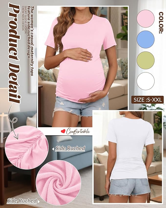Huukeay 4 Pack Women's Maternity Shirts, Crew Neck Maternity Top Short Sleeve Casual Cotton Tee Side Ruched Pregnancy Clothes