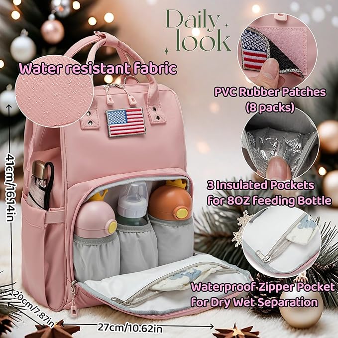 Diaper Bag Backpack for Dad and Mom with USB Charging Port Stroller Straps and Insulated Pocket,army military Travel Nappy Backpack for Daddy/Mommy (Pink)