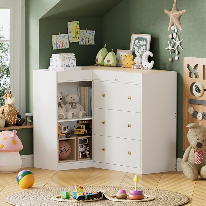 Corner Baby Changing Table Dresser,Dresser for Nursery with 3 Drawers and 2 Shelves,Multi-Functional Baby Changing Table,Changing Station Organizer for Bedroom,White