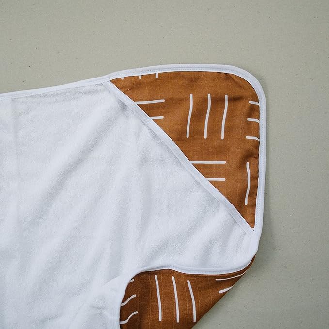 Mebie Baby Muslin Hooded Towel, Mustard Mudcloth, Cute Hooded Baby Bath Towel for Newborn, Infant & Toddler, Modern Baby Towels and Washcloths for Boy & Girl, Floral & Pattern Hooded Baby Towels