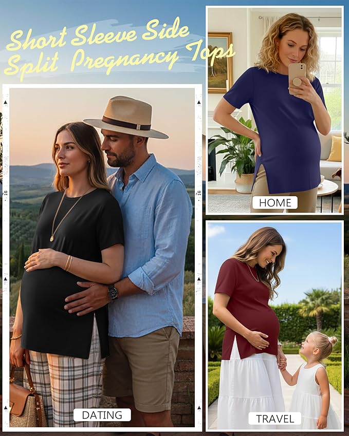 Ficerd 3 Pack Women's Maternity T Shirts, Short Sleeve Side Split Pregnancy Tops Casual Crew Neck Pregnant Tees Mama Clothes