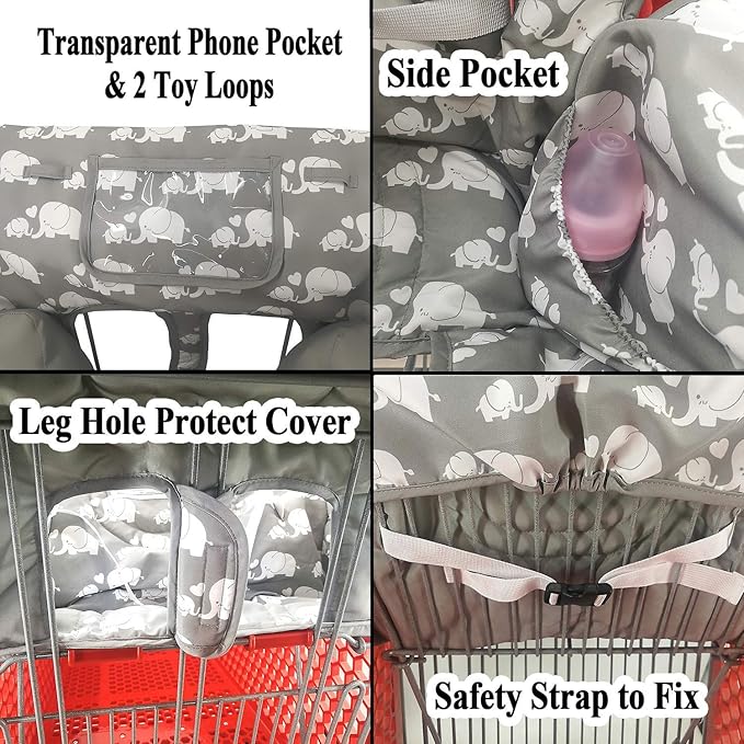 Love&go Soft Pillow Attached 2-in-1 Shopping Cart and High Chair Cover for Baby, Cotton Padded Cart Cover, Fold'n Roll Style, Portable with Carry Bag (Gray Elephant)