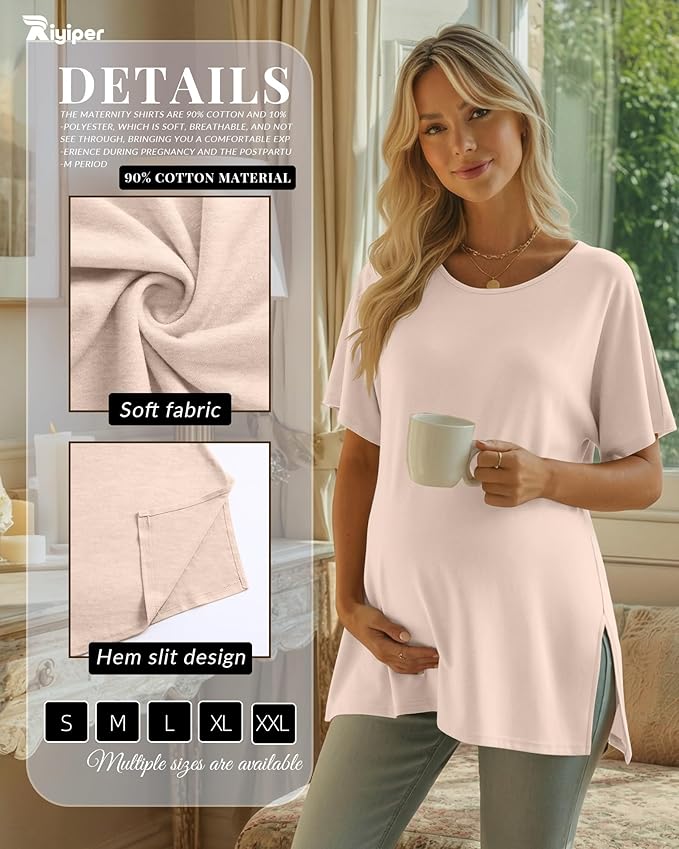 Riyiper 3 Pack Women's Maternity Tunic Shirts Cotton Summer Pregnancy Clothes Loose Oversized Split Side Blouse Tops