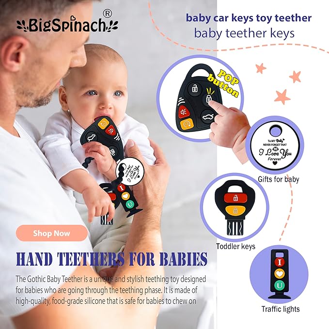 Baby Teething Keys Toys 6 to 12 Months,Gothic Car Teether Combo Set,Car Key Remote Toy Controller for Toddler(Gothic) (Gothic, Black)