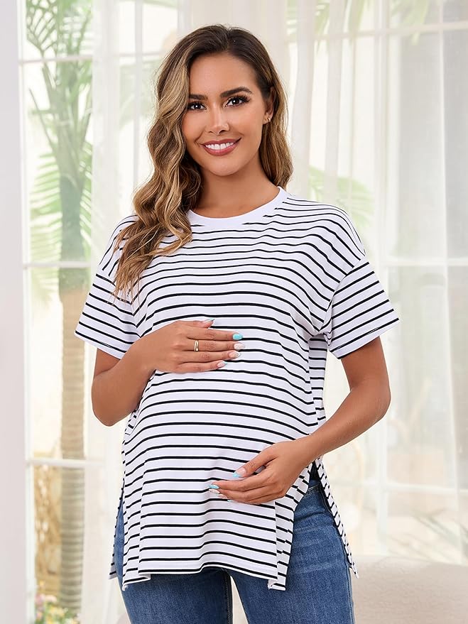 Ecavus Women's Casual Maternity Shirts Split Side Pregnancy Tops Blouses Short Sleeve Loose Fit Maternity Clothes