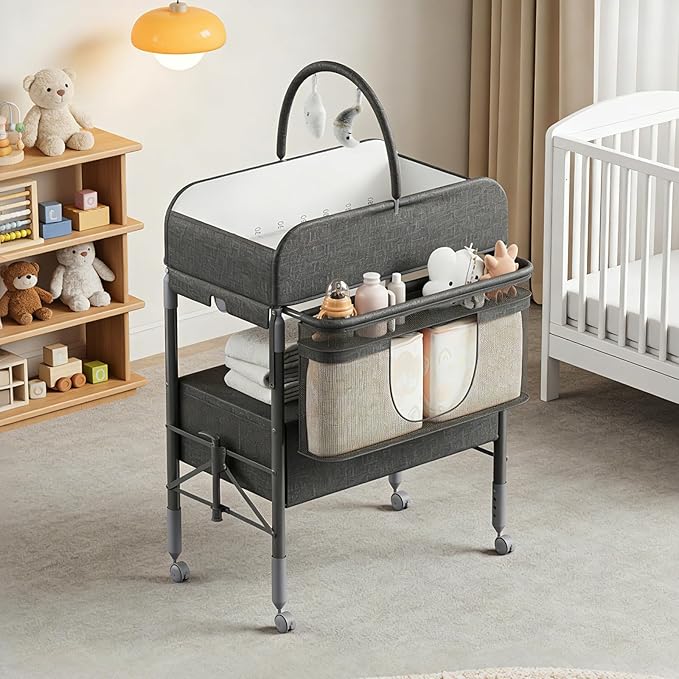 GarveeHome Baby Changing Table with Storage, Portable Foldable Diaper Changing Station with 2 Storage Baskets, Height Adjustable Waterproof Changing Table for Infant and Newborn
