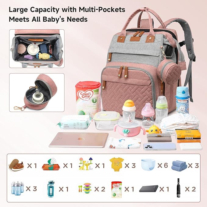 Baby Diaper Bags with Changing Station, Large Capacity Diaper Bag Backpack for Moms Dads with USB Charging Port,Travel Baby Bag with Pacifier Case,Baby Essentials(Up-PinkGrey)