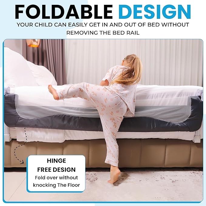 TotCraft Flexguard Height & Length Adjustable Bed Rail for Toddlers – Fits Twin, Full, Queen & King Beds – 35.5″ or 59″ Two Fixed Lengths – 14 Height Levels – ASTM Certified Bed Rail for Baby (Grey)