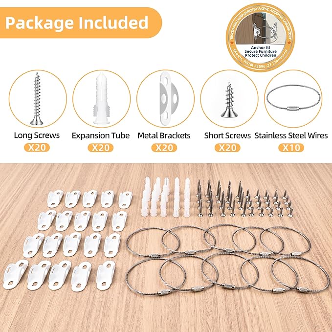 Furniture Anchors 10-Pack, Anti Tip Furniture Anchors for Baby Proofing, Extra-Strong Metal Wall Anchor Straps with Steel Cable to Secure Dresser, Bookcase, Wardrobe & Cabinet, White