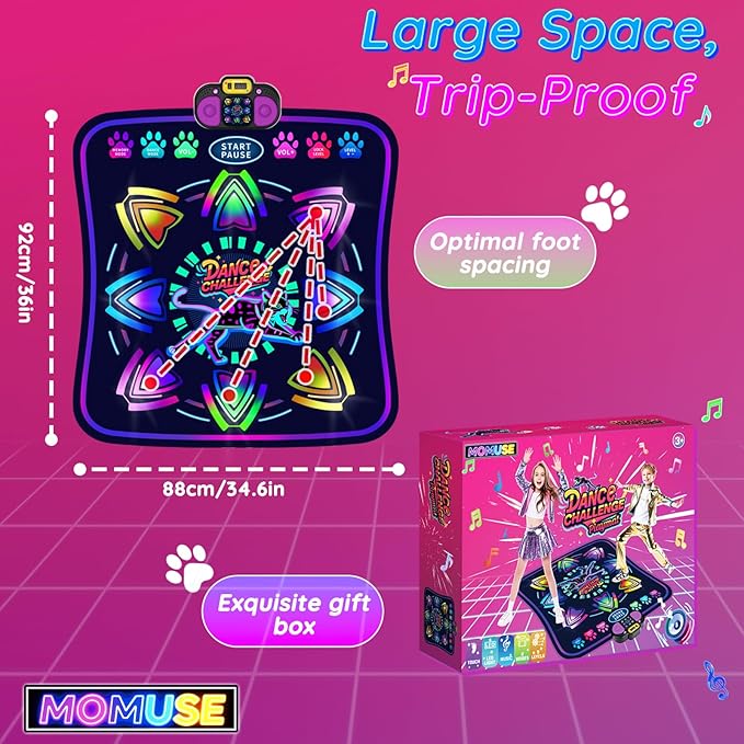 MOMUSE Kids Dance Mat with Display & Lockable Levels, 2 Challenge Modes Electronic Dance Pad 6 Volume Levels Built-in Music Toy Musical Mat, Christmas Birthday Gift for 3-12 Years Girls Boys