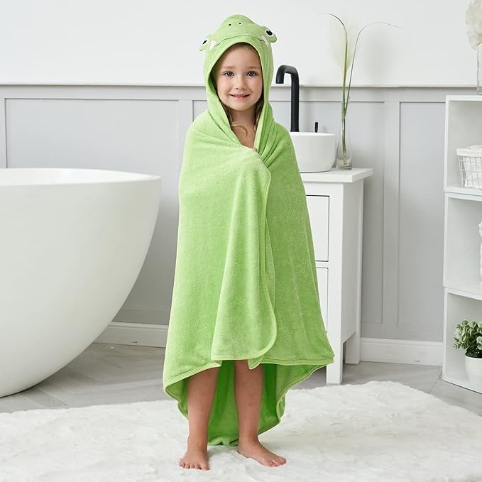 HIPHOP PANDA Hooded Towel - Rayon Made from Bamboo, Bath Towel with Bear Ears for Newborn, Babie, Toddler, Infant - Absorbent Large Baby Towel - Frog, 30 x 30 Inch