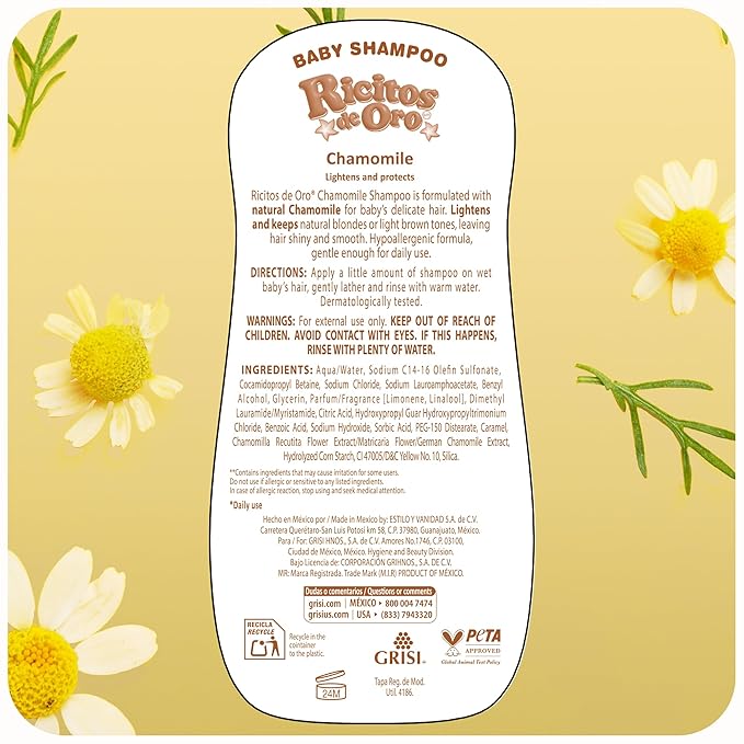 Ricitos de Oro Baby Shampoo with Chamomile – Gentle and Tear-Free Formula for Babies and Kids, Natural Lightening & Soft Conditioning Hair Care, Paraben-Free, Safe Daily Use, 8.4 fl oz, (Pack of 6)