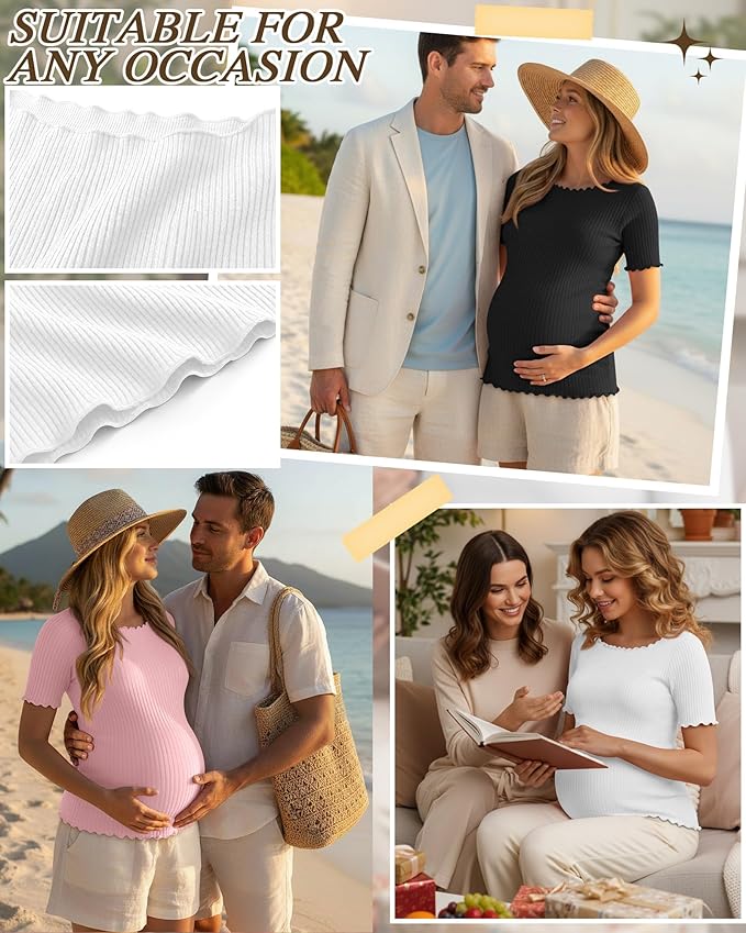 3 Pack Women's Maternity Ribbed Shirts Cotton Short Sleeve Pregnancy Tops Boat Neck Lettuce Trim Mama Clothes