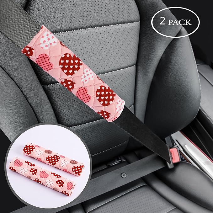 Amooca Soft Auto Seat Belt Cover Seatbelt Shoulder Pad Cushions 2 PCS for a More Comfortable Driving Universal Fit for All Cars and Backpack Cute Pink Heart