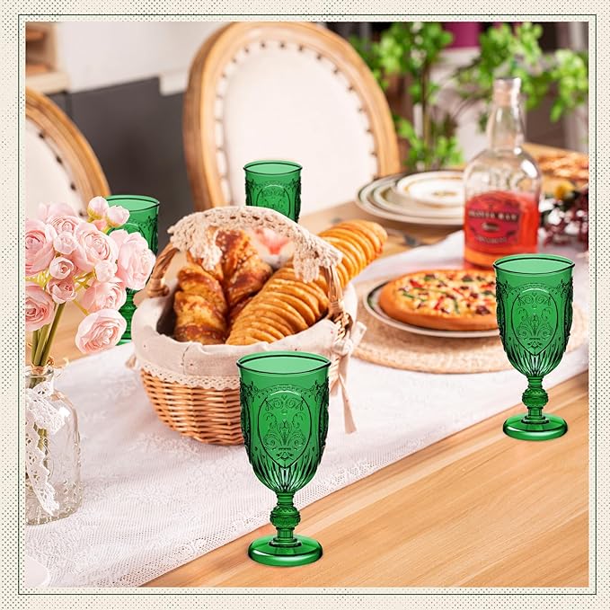 24 Pcs Plastic Goblets 7.5oz Vintage Goblet Plastic Wine Glasses Colored Retro Embossed Water Goblets for Wine Bar Juice Baby Shower Wedding Reception Grand Event Party (Dark Green)
