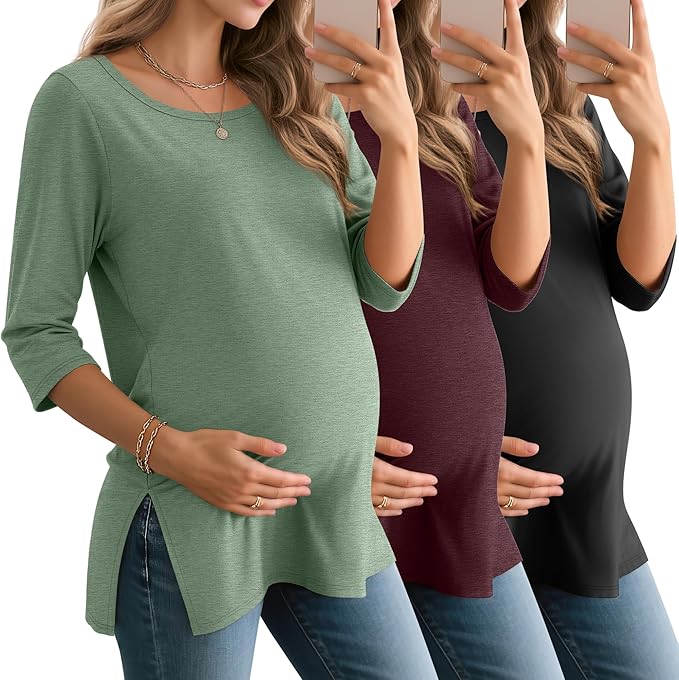 3 Pack Women's 3/4 Sleeve Maternity Shirts Elbow Length Clothes Round Neck Tunics Pregnancy Loose Side Split Tops