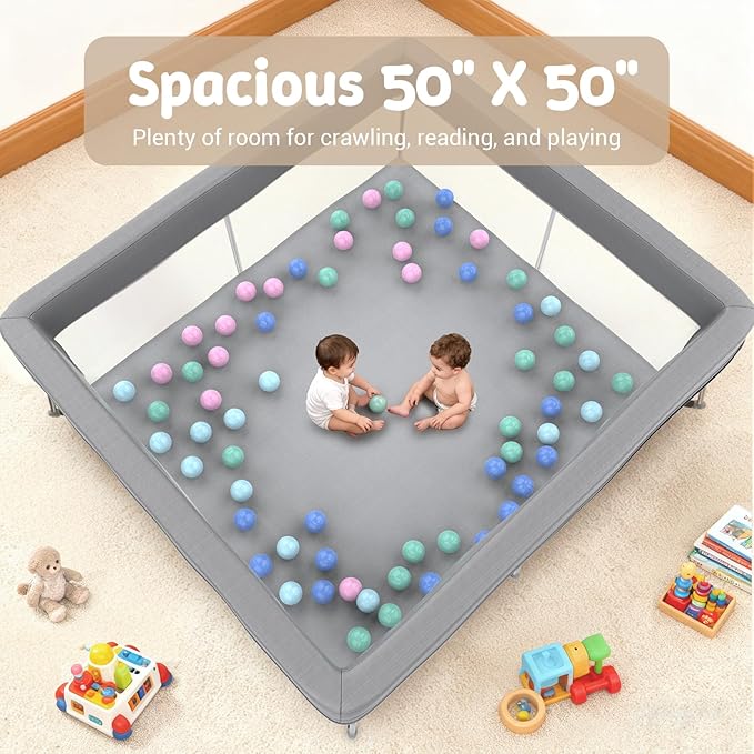 Foldable 50x50 Playpen, Portable Baby Playpen for Babies & Toddlers, Quick Fold Safety Play Yard with Balls, Pull Rings & Carry Bag, Indoor & Outdoor, Grey