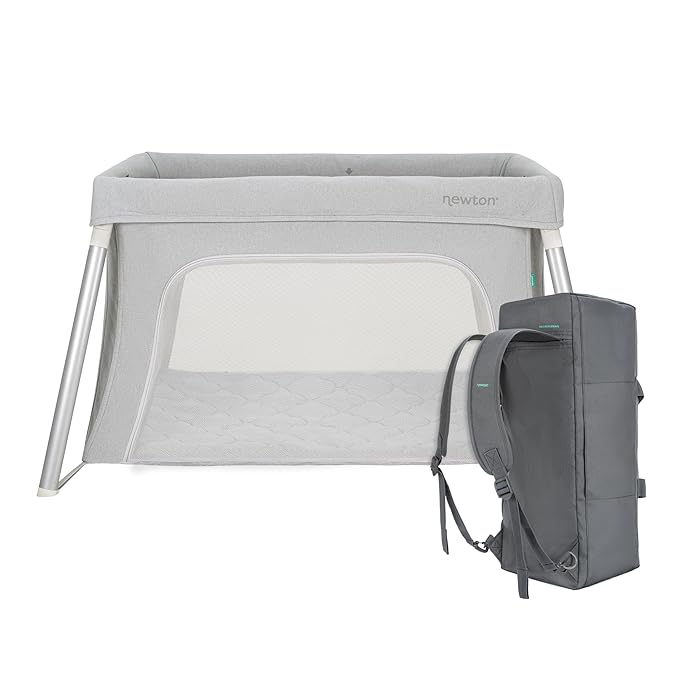 Newton Baby Compact Travel Crib & Play Yard | Breathable & Washable Mattress, Foldable Carry-On Size, Backpack Straps, Grey, Newton Bassinet Attachment NOT Compatible