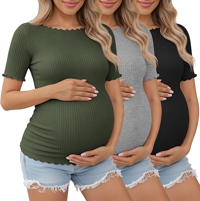 3 Pack Women's Maternity Ribbed Shirts Cotton Short Sleeve Pregnancy Tops Boat Neck Lettuce Trim Mama Clothes