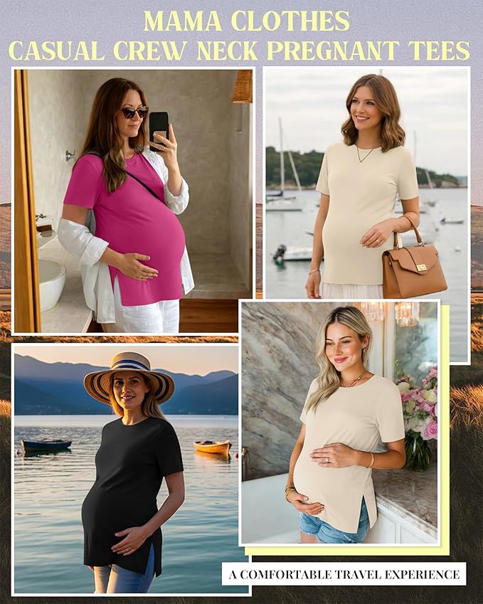 Ficerd 3 Pack Women's Maternity T Shirts, Short Sleeve Side Split Pregnancy Tops Casual Crew Neck Pregnant Tees Mama Clothes