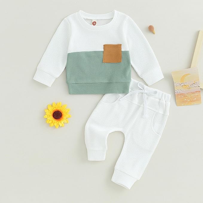 Toddler Baby Boy Fall Outfit Long Sleeve Crew Neck Contrast Color Sweatshirt Top Pant Cute Newborn Infant Waffle Clothes
