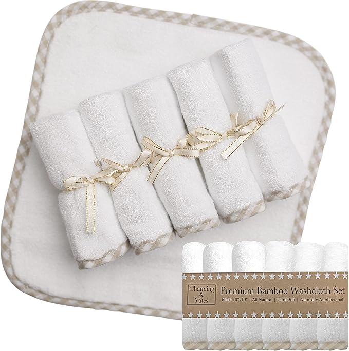 Channing & Yates Organic Baby Washcloth Set Premium Boutique- (6 Pack Wash Cloth) - Softest Face Towels or Washcloths for Eczema - Child or Adult Essentials for Bath (Beige/White)