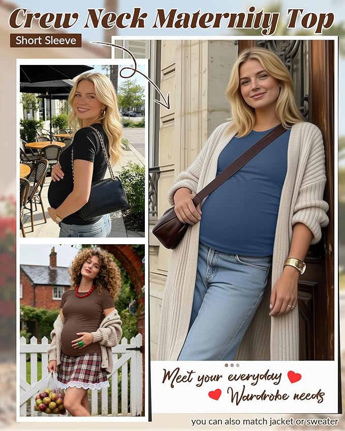 Huukeay 4 Pack Women's Maternity Shirts, Crew Neck Maternity Top Short Sleeve Casual Cotton Tee Side Ruched Pregnancy Clothes