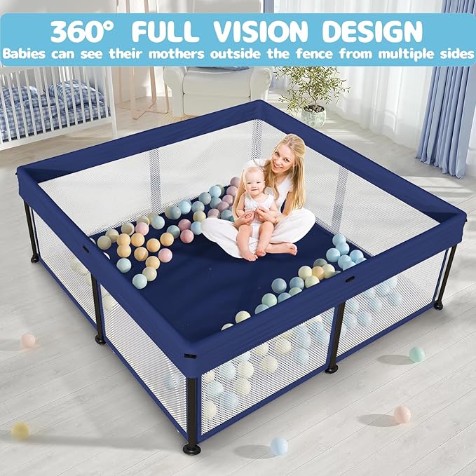 TOREVSIOR Foldable Baby Playpen with Mat, 50"×50" Collapsible Play Pen for Babies and Toddlers, Indoor & Outdoor Kids Safety Play Pen, Portable Play Yard, Foldable Baby Playpen with 50 Ocean Balls