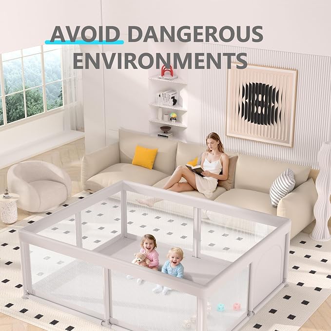 Baby Playpen Play Pens for Babies and Toddlers Play Yards for Indoor & Outdoor with Breathable Mesh Anti-Fall Playpen Grey