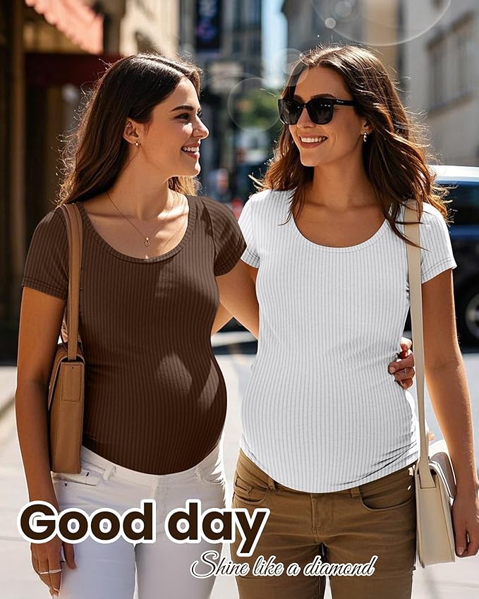 Neer 3 Pack Women's Ribbed Maternity Tops Pregnancy Round Neck Shirts Short Sleeve Soft Maternity Clothes for Mama