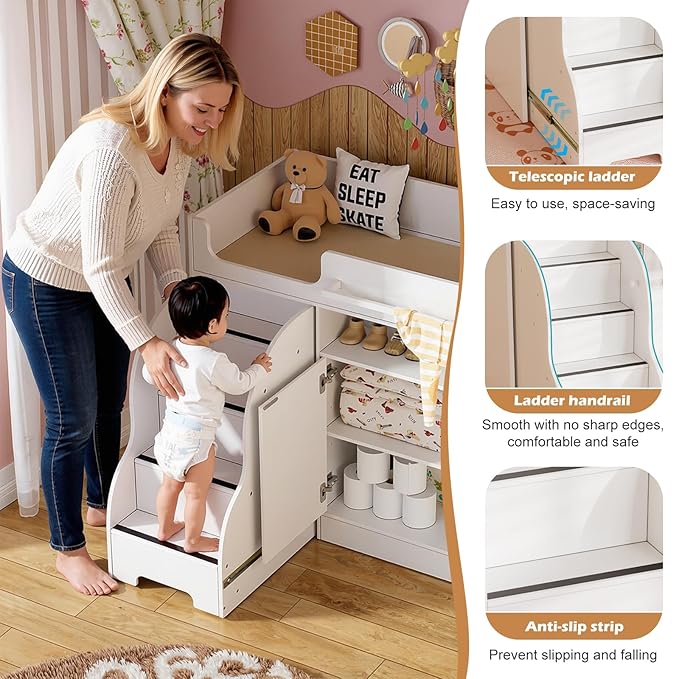 PAKASEPT Baby Changing Table with Stairs & Storage, Nursery Dresser Modern Diaper Changing Station, Dresser for Nursery with Adjustable Shelves, Storage Crib with Changing Table
