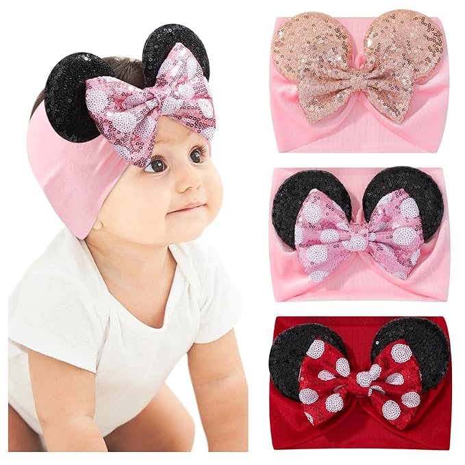 choicbaby 3 PCS 5 Inches Mouse Ears Sequin Bow Nylon Hairband with Polka Dot Cute Baby Headbands Soft Hairbands Hair Accessories for Newborn Infant Toddler Party Supplies