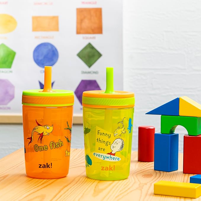 Zak Designs Dr. Seuss Kelso Toddler Cups For Travel or At Home, 15oz 2-Pack Durable Plastic Sippy Cups With Leak-Proof Design is Perfect for Kids (One Fish, Two Fish)