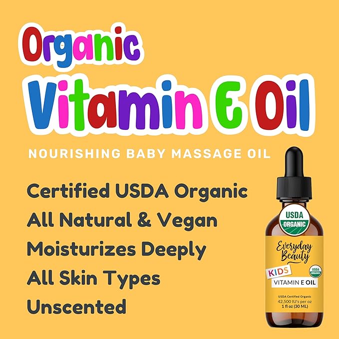 Organic Vitamin E Oil - Nourishing Baby Massage Oil for Moisturizing Dry Skin - Fragrance Free & All Natural Plant Based, Lightweight Unscented Gentle Blend - 1 fl oz Glass Bottle With Glass Dropper