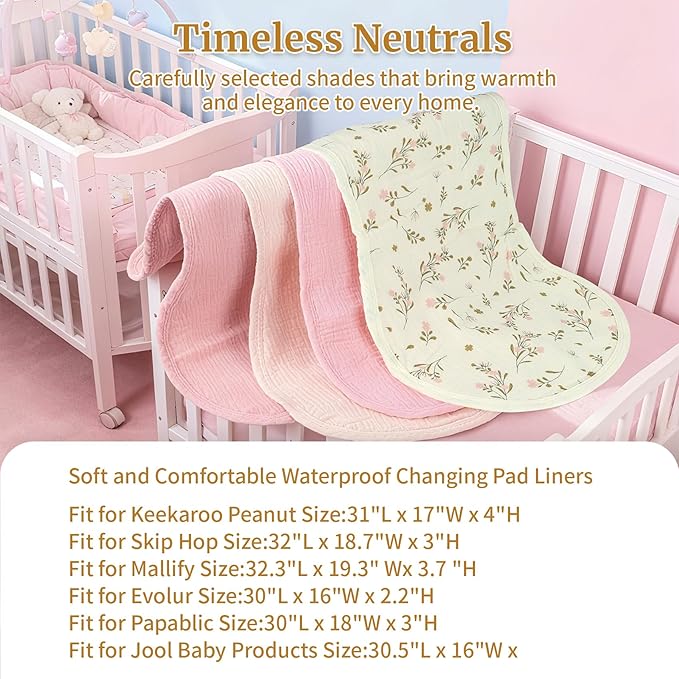 4-Pack Muslin Changing Pad Liners, Extra Thick & Ultra Soft for Warm Comfort, Waterproof Diaper Mat for Keekaroo Peanut & All Standard Baby Changers, 2-Sided Reusable (Pink)
