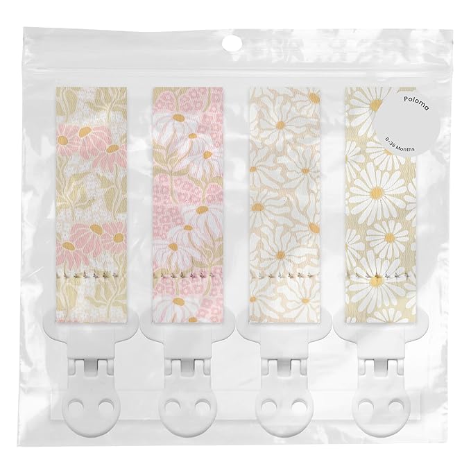 Stadela Baby Fabric Pacifier Clip Holder, Plastic Clip, 4‑Pack, Flowers Pattern, Poloma Set