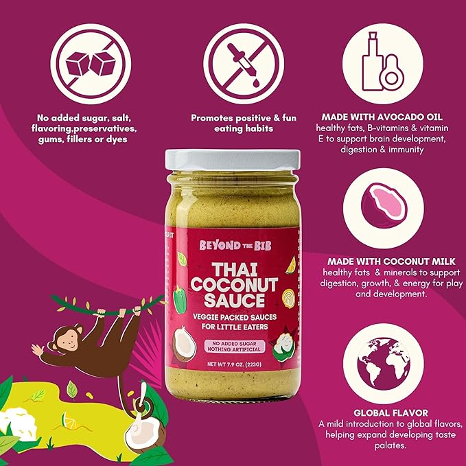 Beyond the Bib All Natural Toddler Sauces for Picky Eaters - Hidden Vegetables, No Added Sugar, Quick & Healthy Mealtime Solution - For 24+ Months (Thai Coconut Sauce - 3 Pack)