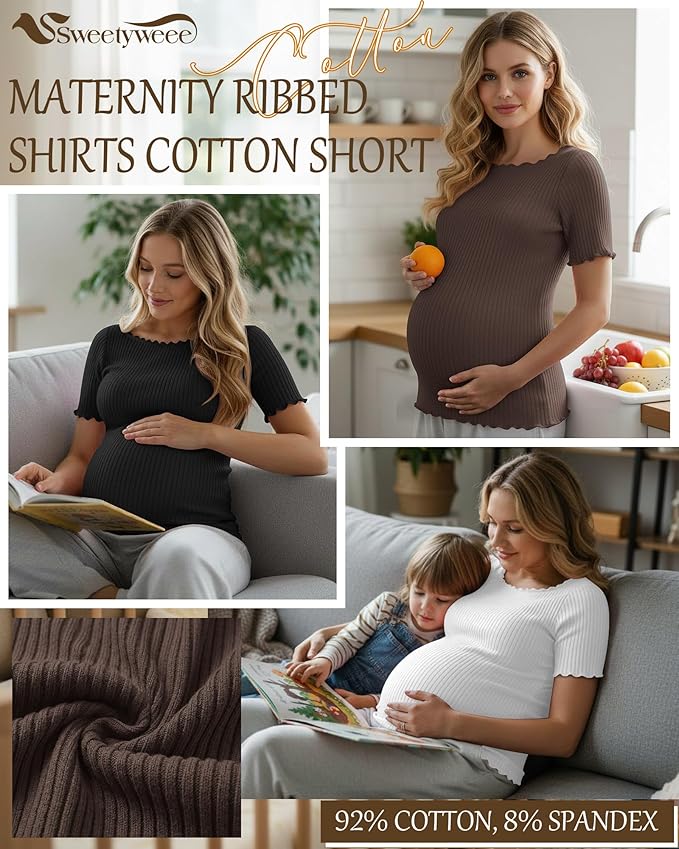3 Pack Women's Maternity Ribbed Shirts Cotton Short Sleeve Pregnancy Tops Boat Neck Lettuce Trim Mama Clothes