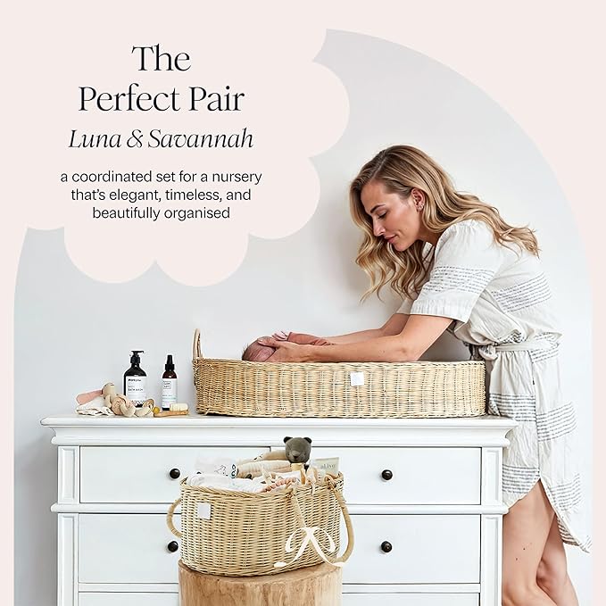 BEBE BASK Premium Baby Changing Basket - Artisan-Crafted Rattan with Extra High Sides - Wicker Changing Basket for Baby Dresser - All Accessories Included - Complete Set for Nursery (Rattan)