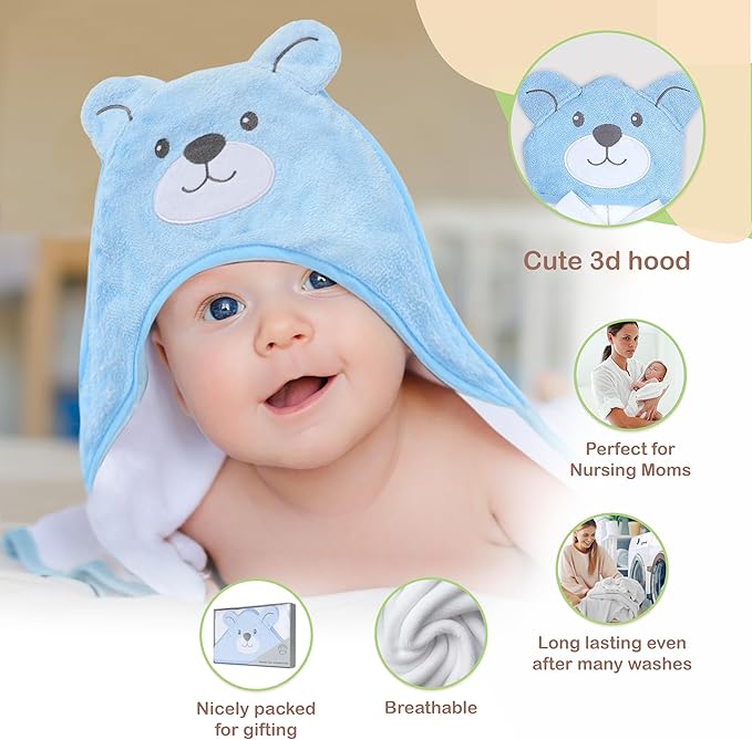 Mother's Choice Organic Hooded Toddler Towels – Large Cotton, Ultra-Soft & Absorbent Baby Towels for Newborns, Infants, Toddlers, Boys & Girls with Animal Hood (Blue Bear)