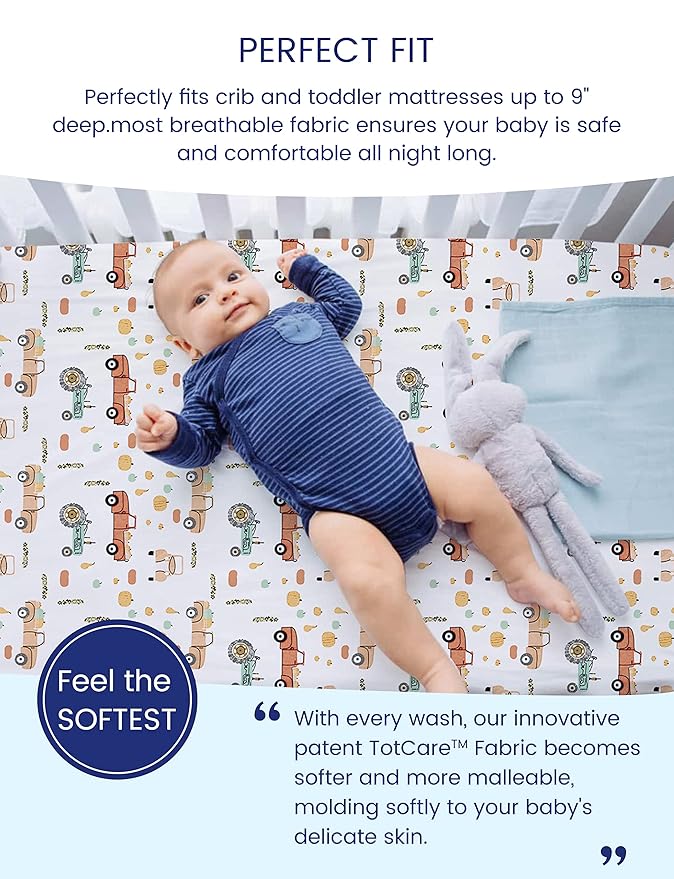 TotAha Crib Sheets for Boys, Premium Stretchy Farm Crib Sheet Fitted, Buttery Soft Truck Crib Mattress Sheets, Calming Effect, All-Season Jersey-Knit 28 X 52 X 9'' Extra Deep Pocket Halloween Pumpkin