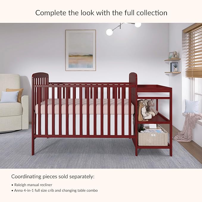 Dream On Me Anna 3-in-1 Convertible Full-Size Baby Crib & Changer with Storage in Cherry, GreenGuard Gold & JPMA, Pinewood, Converts to Day & Toddler Bed, 3 Mattress Heights, 1″ Changing Pad
