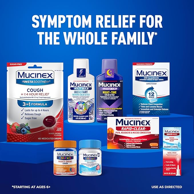 Mucinex Children's Mighty Chews Cold and Flu Medicine, Easy to Dose Children's Acetaminophen & Dextromethorphan, Kids Cough Medicine, Ages 6+, Mixed Berry Flavor, 16 Medicated Chewable Tablets