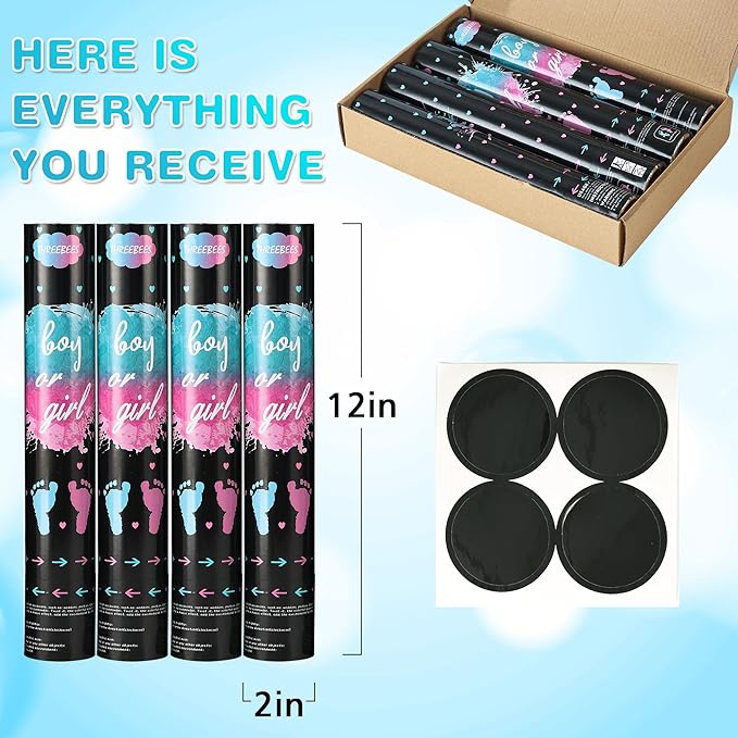 Gender Reveal Confetti Cannon, 4 Pack Biodegradable Blue Confetti Paper with Cornstarch Powder, Confetti Blaster for Boy Gender Reveal, Party Poppers, Blue