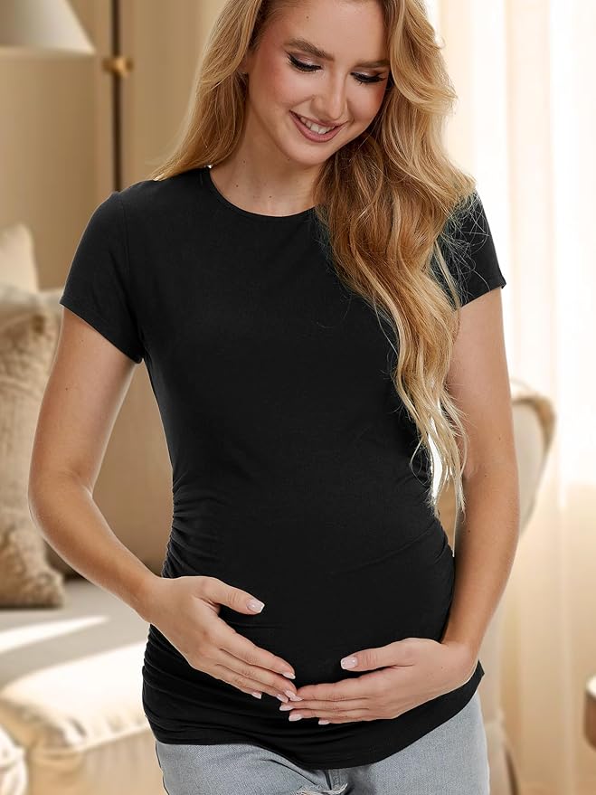 3 Pack Womens Maternity Shirts - Crew Neck Maternity Top Short Sleeve Pregnancy Tee Shirts