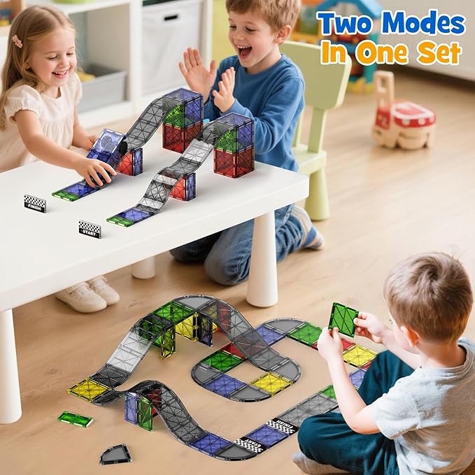 2-in-1 Dynamic Magnetic Downhill & Race Track Set - 40PCS Expandable Magnetic Tiles with Car for Creative STEM Play The Ultimate Travel Toy & Gift for Kids Ages 3-8