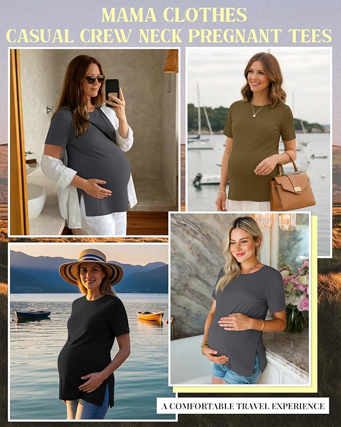 Ficerd 3 Pack Women's Maternity T Shirts, Short Sleeve Side Split Pregnancy Tops Casual Crew Neck Pregnant Tees Mama Clothes