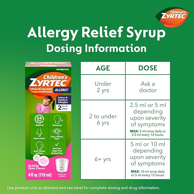 Children's Zyrtec 24 Hour Allergy Relief Syrup, Cetirizine Hydrochloride Antihistamine, Allergy Medicine for Indoor & Outdoor Allergy Relief, Dye- & Sugar-Free, Bubble Gum, 4 fl. oz