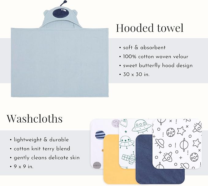 Evolur AstroNap 6 pc Baby Gift Set, Includes Hooded Towel & 5pc Wash Cloths, Soft and 100% Cotton Woven, for Newborn, Infants and Toddlers 0-9 Months